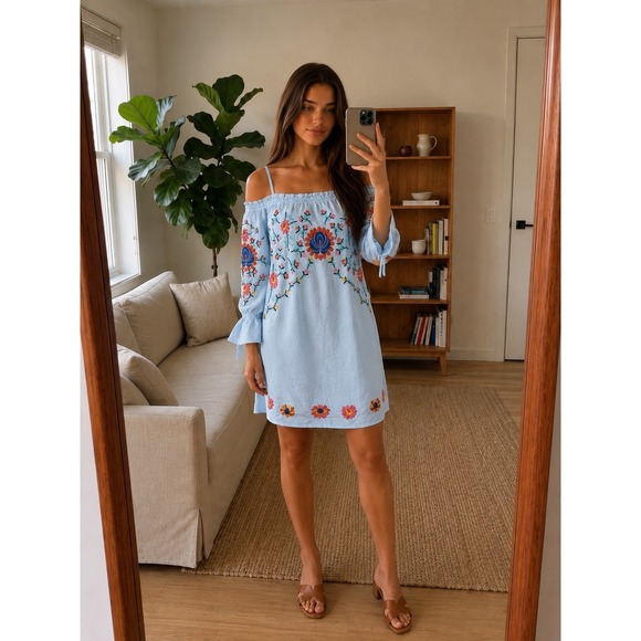 Philosophy Dresses & Skirts - Philosophy Linen Embroidered Floral Dress Small Blue Cold Shoulder Boho Cottage